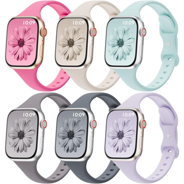 6 Pack Thin Bands Compatible with Apple Watch Band 38mm 40mm 41mm 42mm 44mm 45mm 46mm 49mm Women Men, Sport Silicone Strap Slim Wristband for iWatch Series 11 10 9 8 SE 7 6 5 4 3 2 1 Ultra