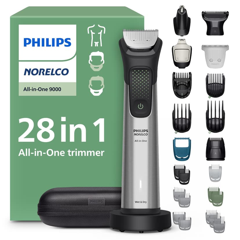 Philips Norelco All-in-One 9000 Series 28-Piece Trimmer - Electric Shaver and Clipper for Face, Beard, Head & Body, Self-sharpening Full Metal Blades, 27 Length Settings (0.5-20 mm), MG9585/49
