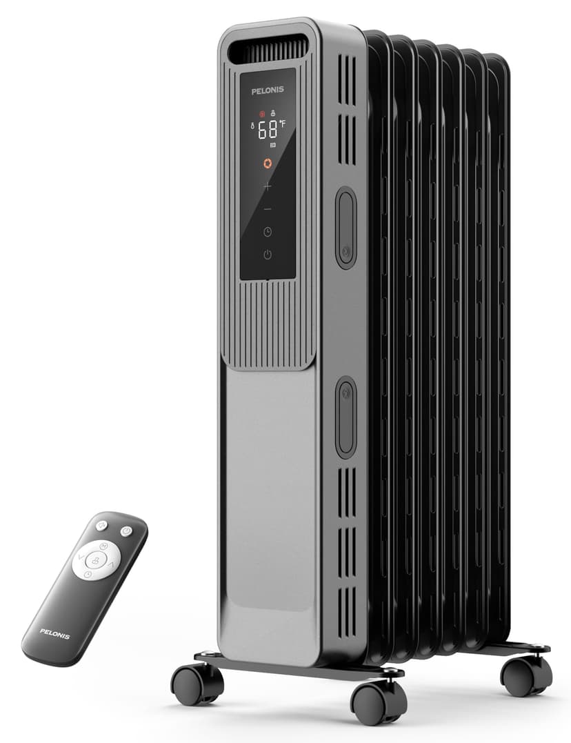 PELONIS Oil Filled Radiator, Electric Space Heater for Indoor Use Large Room with Thermostat & Remote, 3 Modes & 3 Heat Settings, ECO Mode, 24H Timer, Quiet, Overheat & Tip-Over Protection, 1500W