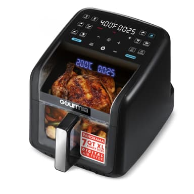 Gourmia Air Fryer 7 QT - Easy View Panoramic Window & Interior Light, Guided Cooking with 12 One-Touch Presets, FryForce 360, Dishwasher Safe Accessories, Black