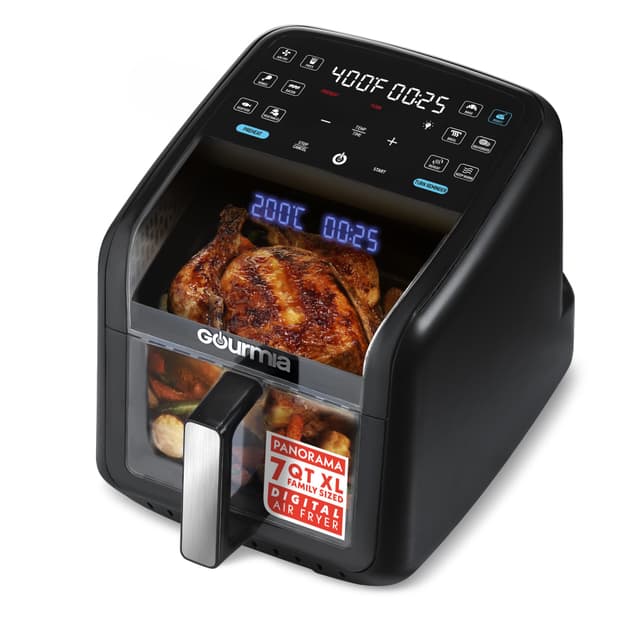 Gourmia Air Fryer 7 QT - Easy View Panoramic Window & Interior Light, Guided Cooking with 12 One-Touch Presets, FryForce 360, Dishwasher Safe Accessories, Black