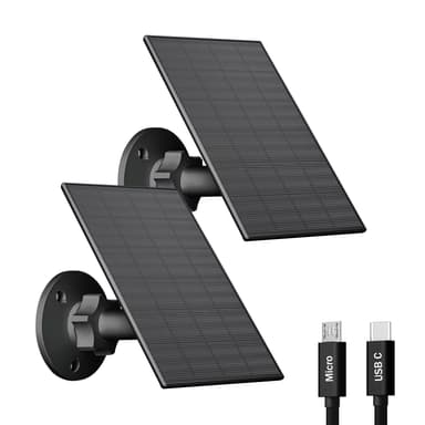 VUEBEE 2W Solar Panel for Security Camera Outdoor, USB/USB-C Charger with IP65 Waterproof, 360° Adjustable Mount & 7.2ft Cable, Compatible with Rechargeable Battery Cameras (2 Pack, Black)