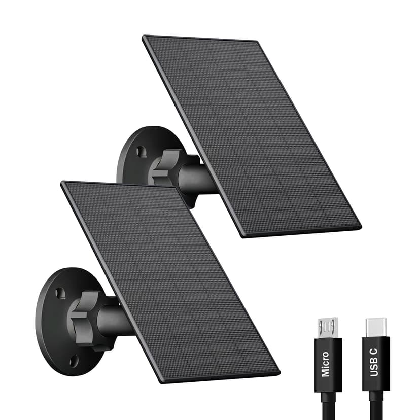 VUEBEE 2W Solar Panel for Security Camera Outdoor, USB/USB-C Charger with IP65 Waterproof, 360° Adjustable Mount & 7.2ft Cable, Compatible with Rechargeable Battery Cameras (2 Pack, Black)