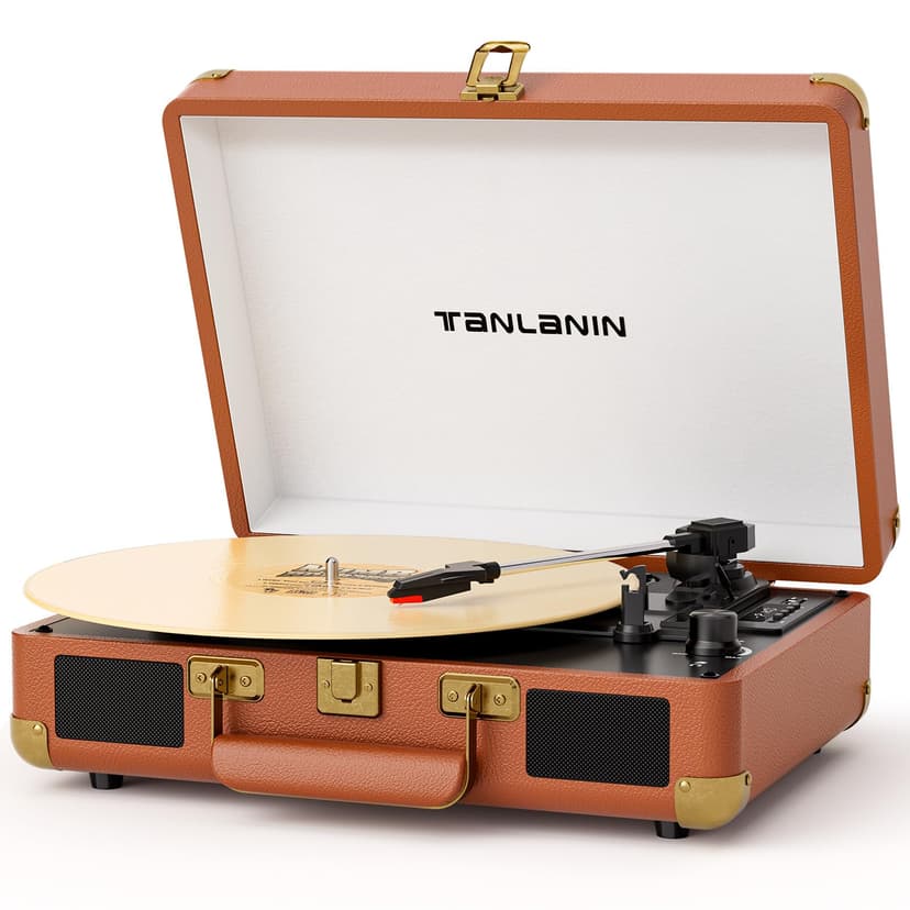 Vinyl Record Player with Built-in Speakers & USB Recording, Vintage 3-Speed Bluetooth Portable Suitcase Turntables Belt-Driven LP Player Support AUX/RCA/Headphone Jack, Brown Leather