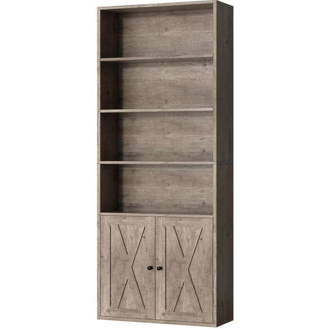 Shintenchi Bookshelf, Industrial Bookshelves and Bookcases with Doors Floor Standing 6 Shelf Display Storage Shelves 70.6 inches Tall Bookcase for Home Office, Living Room (Grey)