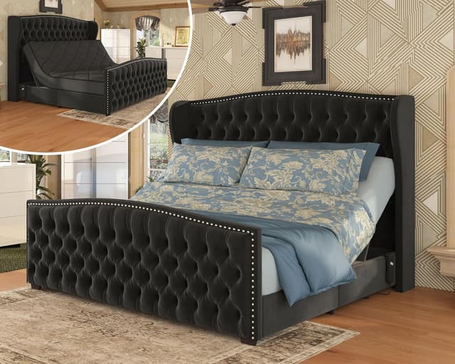 AMERLIFE 51" H Queen Size Adjustable Bed Frame with Velvet Upholstered and Deep Button Tufted Headboard, Electric Bed with Dual Motor/Nailhead Trim Wingback, No Box Spring Needed, Black