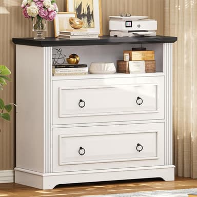 Itaar 2 Drawer File Cabinet, Farmhouse Filing Cabinet for Home Office Fits Letter, Legal, A4 Size, Wood Lateral File Cabinet with Printer Stand, Storage Shelf, White