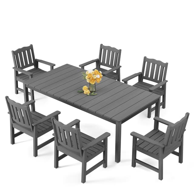 Stoog All-Weather 7 Pieces Patio Dining Sets, Waterproof Patio Furniture Set with 1 Table and 6 Patio Chairs, Never Rot or Fade, for Garden, Backyard, Deck, and Poolside, Grey