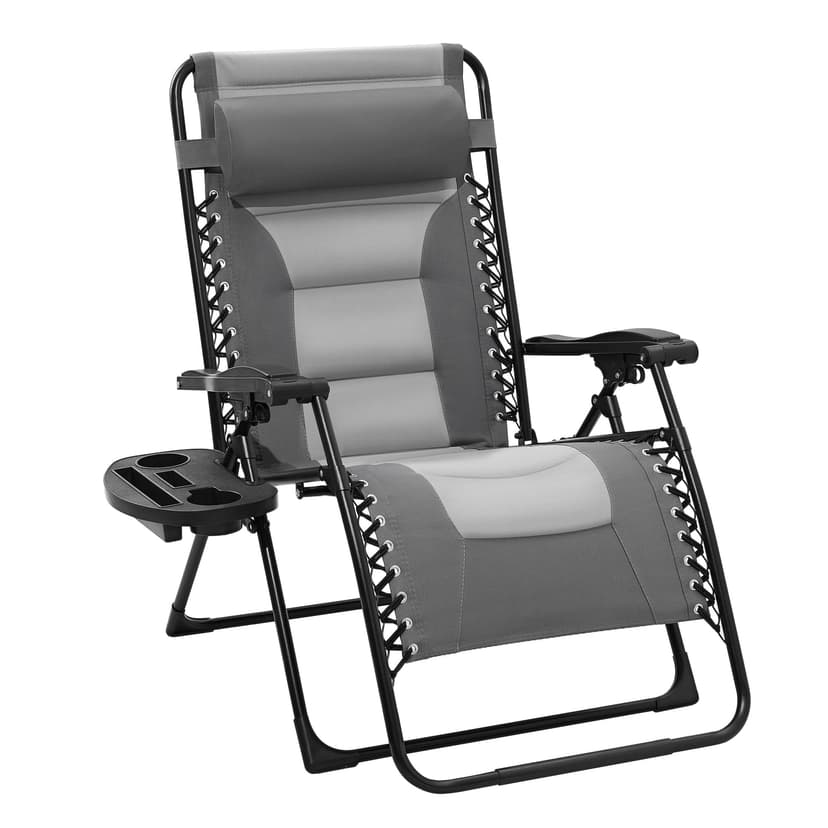 JEAREY Oversized Padded Zero Gravity Chairs, Folding Lounge Chair Outdoor Patio Recliner, Anti Gravity Chair for Backyard with Headrest, Cup Holder, Side Tray, Polyester Mesh - Gray/Light Gray