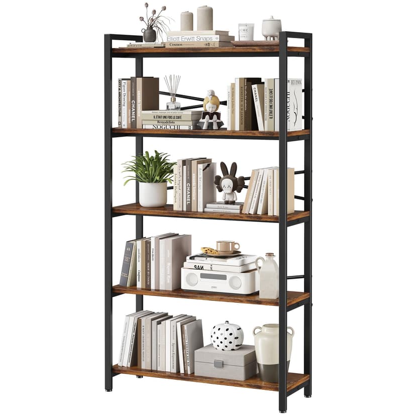 5 Tier Bookshelf 31.49" Width, Book Organizers and Storage, Wood and Metal Tall Bookcase, Rustic Book Shelf Organization and Storage for Home Living Room Bedroom Office Storage(Rustic Brown)