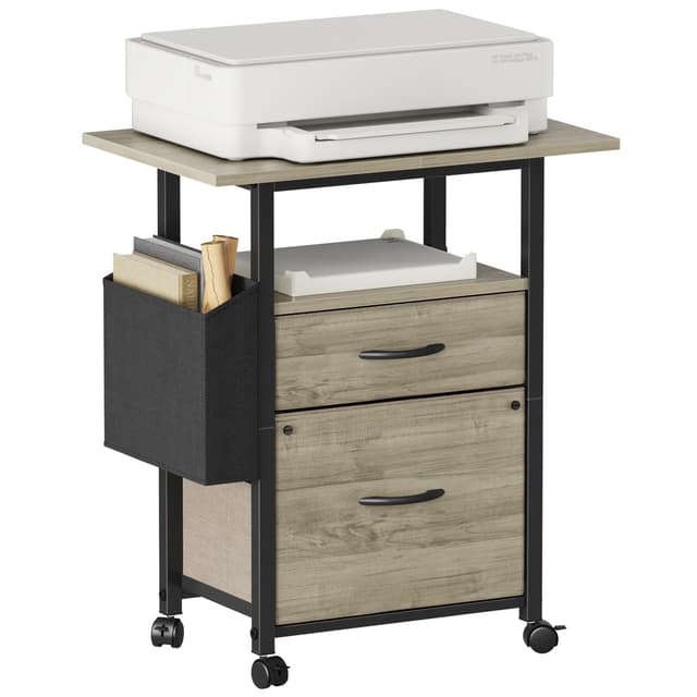 GYIIYUO 2 Drawer File Cabinet with 24'' Extended Desktop, Mobile Filing Cabinet, Rolling File Cabinet with Side Bag, Fabric Drawer, Fits A4/Letter Size, Printer Stand Home Office, Oak Grey