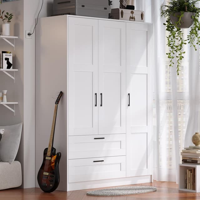 3 Doors Wooden Wardrobe Closet Armoire, White Storage Cabinet for Hanging Clothes, Bedroom Large Capacity Freestanding Armoire,Wood Wardrobe Combination with Shelves (2drawer, White)