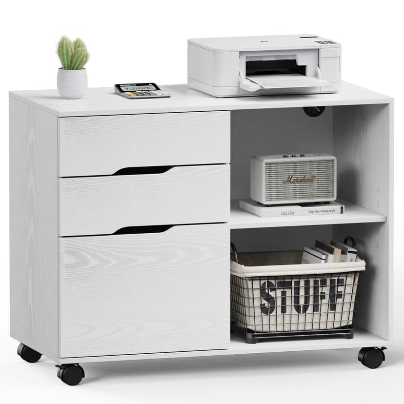 DUMOS Lateral File Cabinet with 3 Drawers Rolling Filing Cabinets Under Desk Storage Printer Stand Wood Organizer with Wheels Adjustable Shelf for Office Home Small Space, White