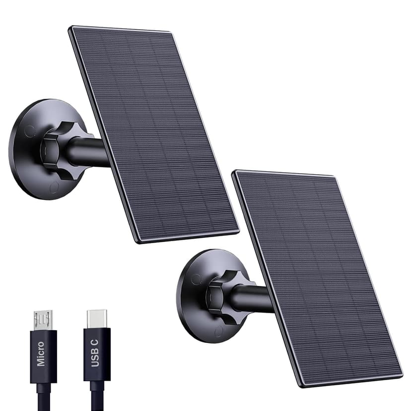 Zivif 2W Solar Panel for Security Cameras, Solar Charger with Micro USB & USB-C Port for Rechargeable Battery Security Camera, 360° Adjustable Mount, Black (2 Pack)