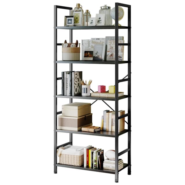 Sweetcrispy Book Shelf, 5 Tier Bookcase, Modern Tall Bookshelf for Garage Kit, CDs, Movies, Industrial Corner Storage Organizer for Bedroom Home Office Kitchen Living Room, Black