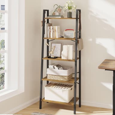 Hzuaneri Ladder Shelf, Bookshelf Bookcase, Freestanding Corner Storage Shelve with 2 Hooks for Home Office, Living Room, Kitchen, Bedroom, Industrial, 11.8" D x 23.6" W x 63" H, Rustic Brown BC19301B