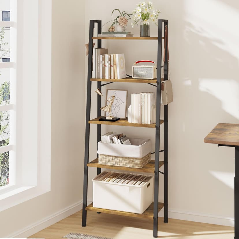 Hzuaneri Ladder Shelf, Bookshelf Bookcase, Freestanding Corner Storage Shelve with 2 Hooks for Home Office, Living Room, Kitchen, Bedroom, Industrial, 11.8" D x 23.6" W x 63" H, Rustic Brown BC19301B