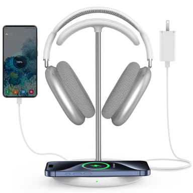Miroddi Headphone Stand with Wireless Charger, Independent USB Charging Port, 5 in 1 Charging Station Headset Holder Rack for AirPods Max/Pro/4/3/2, iWatch, iPhone, Samsung and Desk Headphones, White
