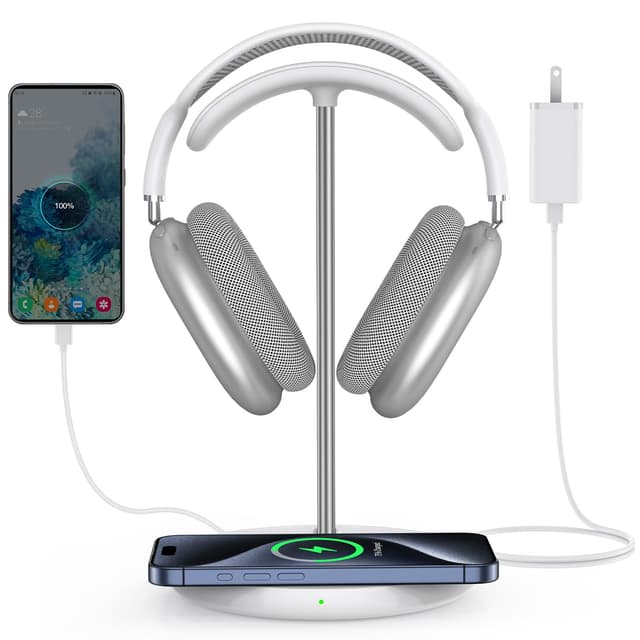 Miroddi Headphone Stand with Wireless Charger, Independent USB Charging Port, 5 in 1 Charging Station Headset Holder Rack for AirPods Max/Pro/4/3/2, iWatch, iPhone, Samsung and Desk Headphones, White