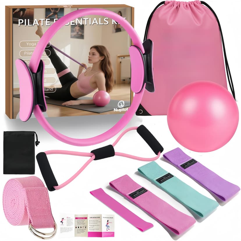 Nuplot Pilates Equipment 15" Pilates Ring Plus, Pilates Kit for Home Workouts, Pilates Essentials Kit for Women with Pilates Ring and Ball Set, Booty Bands, Figure 8 Resistance Band, Yoga Band (Pink)