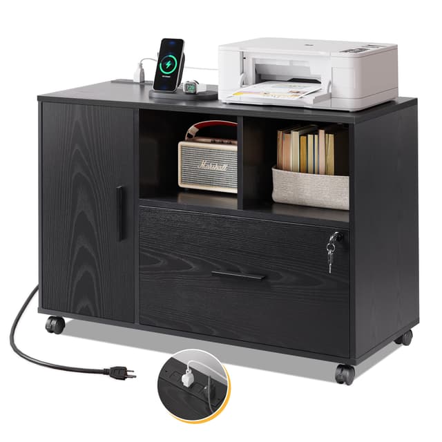 DEVAISE File Cabinet with Charging Station, 1-Drawer Lateral File Cabinets with Lock for Home Office, Wooden Rolling Printer Stand with Shelves, Black