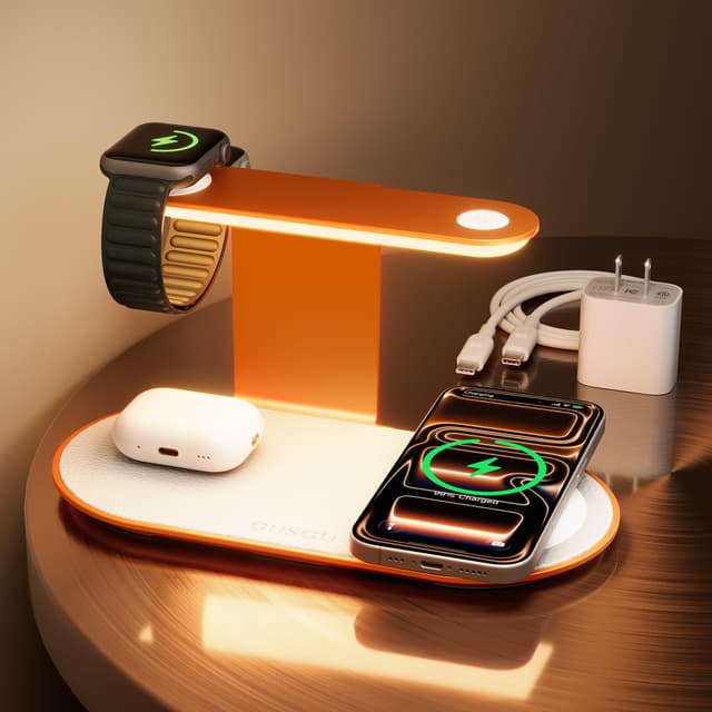 GUSGU 3 in 1 Charging Station for MagSafe Wireless Charger with Three-Level Night Light, 15W Max Fast Charging for iPhone Series/Samsung Galaxy Series, Apple/Samsung Watch Series, AirPods-Orange