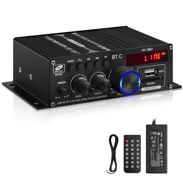 AK-380 USB SD BT.C FM AUX Audio Power Amplifier 2.0 CH 40W+40W Max 400W HiFi Stereo AMP Speaker Bluetooth 5.0 Amp Receiver with 12V 5A Power Supply,FM Antenna for Car Home Bar Party