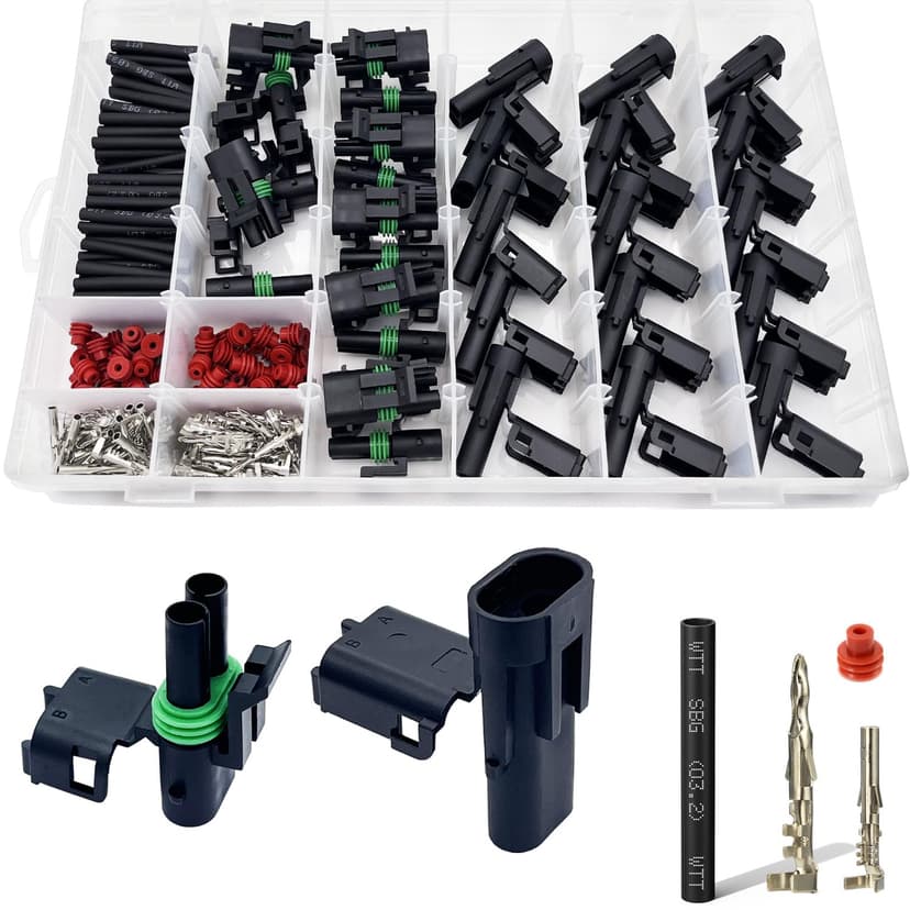 Twippo 15 Kits 2 Pin Connector Weather Pack Connectors Kit Automotive Electrical Waterproof Connectors 2 Wire Connectors with 60pcs Shrink Tubing Kit (18-14 AWG)