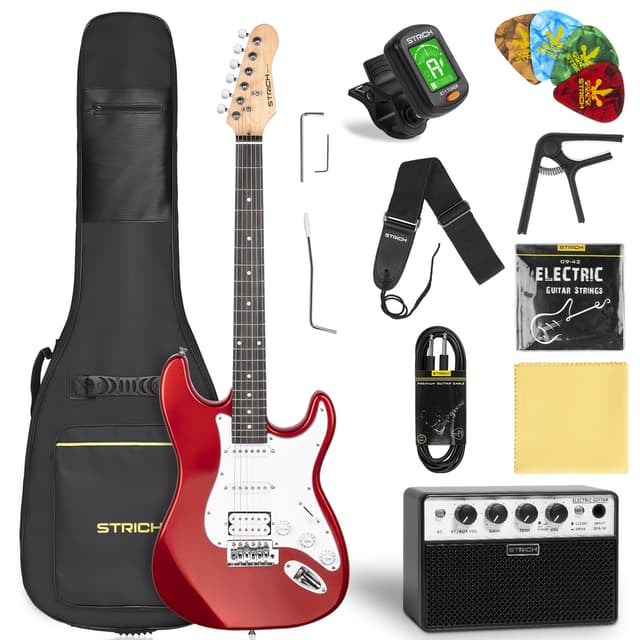 STRICH Electric Guitar Beginner Kit, Solid Body 39" Full Size Electric Guitar HSS Pick Up for Starter, with 5W x 2 Amp, Bag, Digital Tuner, Capo, Strap, String, Cable, Picks, SST-S20 Metal Red