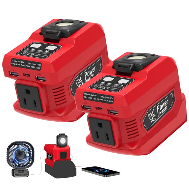 2 Pack 220W Power Inverter Compatible with Milwaukee 18V Battery, DC 18V to AC 110V-120V Portable Power Generator, Inverter with 2 USB Ports 1 Type-C 1 AC Outlet, 400 Lumen Light