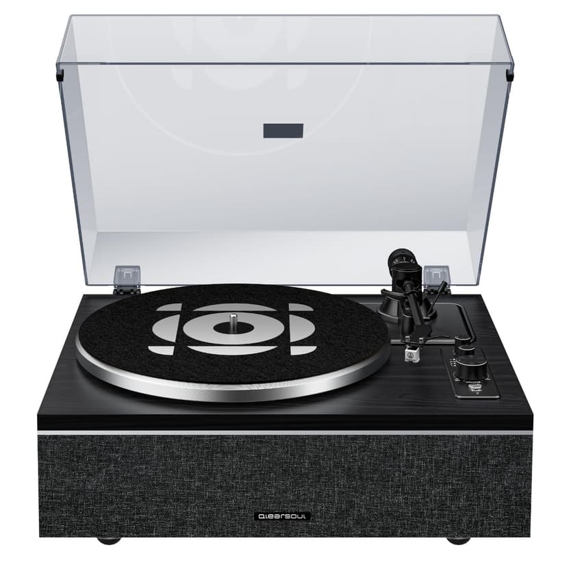 Qlearsoul ONE-S Vinyl Record Player with Bluetooth Input/Output, All-in-One Vintage Turntable Built in Speakers, Phono Preamp & DSP, AT-3600L Cartridge, 33/45 RPM (Black)