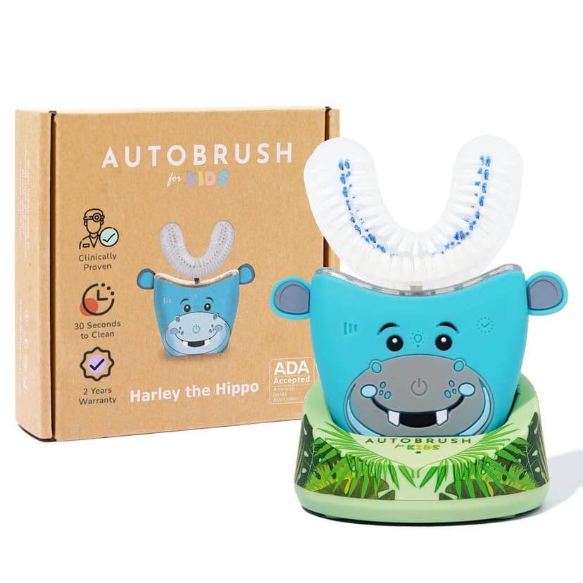 autobrush Kids Electric Toothbrush – Only ADA Accepted U-Shaped Toothbrush, Clinically Proven Up to 5.1X Better Cleaning, 30 Seconds, Full-Mouth 360 Coverage, LED Lights, Music, Ages 3-5, Hippo