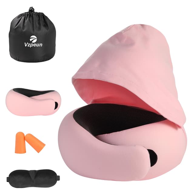 Vzpeun Travel Pillow - Hooded Neck Pillow Airplane Memory Foam Filling for Plane, Office, Cars Sleeping, Road Trip, Long Flights, Portable Plane Accessories, Includes Eye Mask & Earplugs (Pink)