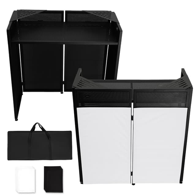 Neoaider DJ Booth Table Station w/2 Storage Triangular Panel, DJ Facade Booth with Black & White Scrims, Detachable DJ Table, Carrying Bag, Foldable Metal Frame DJ Booth Panel for Show, Wedding, Clubs