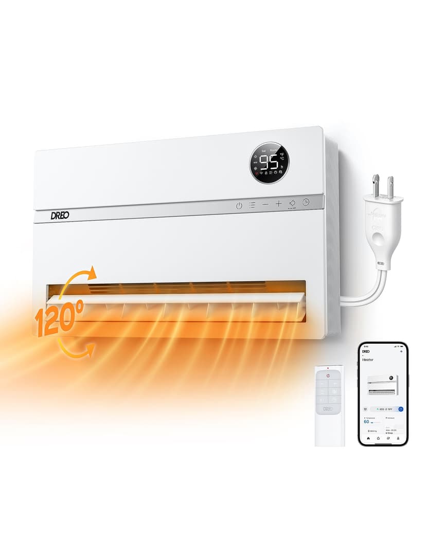 DREO Wall-Mounted Heater, Smart Space Heater for Bedroom with DREO FortPlug Overheat Protection, 120° Vertical Oscillation, Thermostat, 24H Timer, 1500W Electric Heater for Indoor