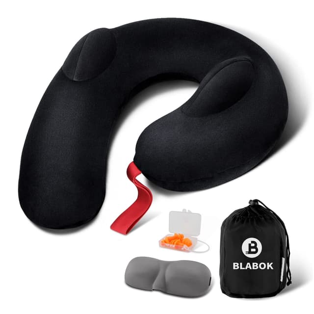 Patented Design Inflatable Travel Neck Pillow – Airplane Neck Pillow with 360° Head & Neck Support, Soft Washable Velvet Cover, Compact Neck Support Pillow for Airplane,Train,Car,Office & Home (Black)