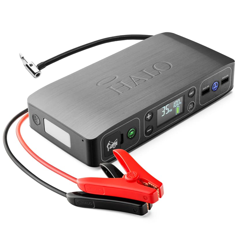 HALO Bolt Air 58830 Portable Car Battery Jump Starter | 100 PSI Air Compressor, 58.8Wh USB Power Bank, Emergency Floodlight & Charger, Jumps Cars SUVs & Trucks, Inflates Tires, TSA Approved — Gray