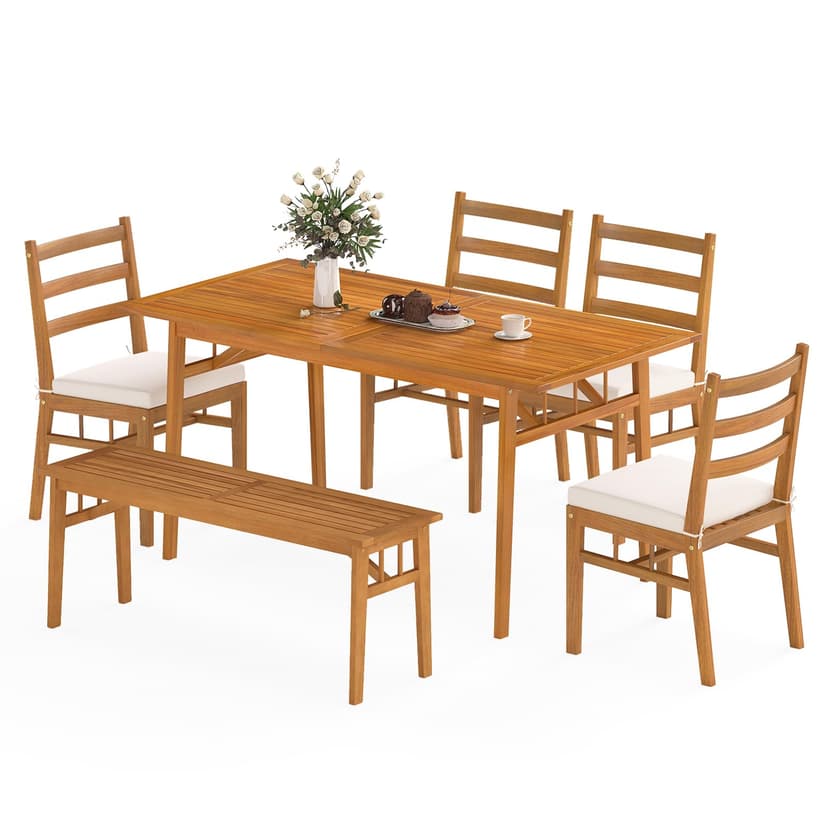 Tangkula 6 Pieces Patio Acacia Wood Dining Set, Outdoor Rectangular Table with 1.97” Umbrella Hole, Bench and Cushioned Chairs for 6, for Deck, Yard and Poolside