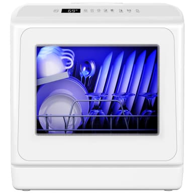EUHOMY Countertop Dishwasher Portable with 6 Programs, 5L Built-in Water Tank for Apartments, 167โ High-Temp, No Hookup Needed, Mini Dishwasher with Baby Care, Air Dry/Quick/ECO/Fruit/Normal, White