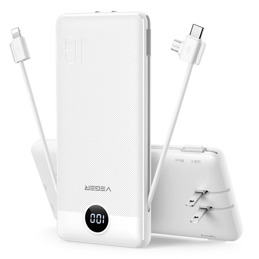 VEGER Portable Charger with Built-in AC Plug and Cables, All in One 10000mAh Ultra Slim Power Bank Travel Essentials, 15W Fast Charging Battery Pack Compatible with iPhone, Samsung, Android (White)