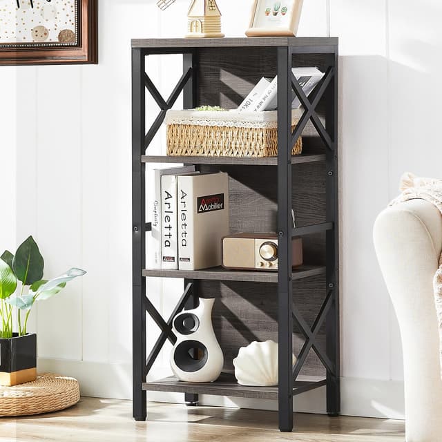 MNEETRUNG Small Bookshelf,4 Tier Industrial Bookcase with Metal Frame and Backboard,Narrow Rustic Gery Book Shelf,Book case for Small Spaces,Living Room,Bedroom and Home Office