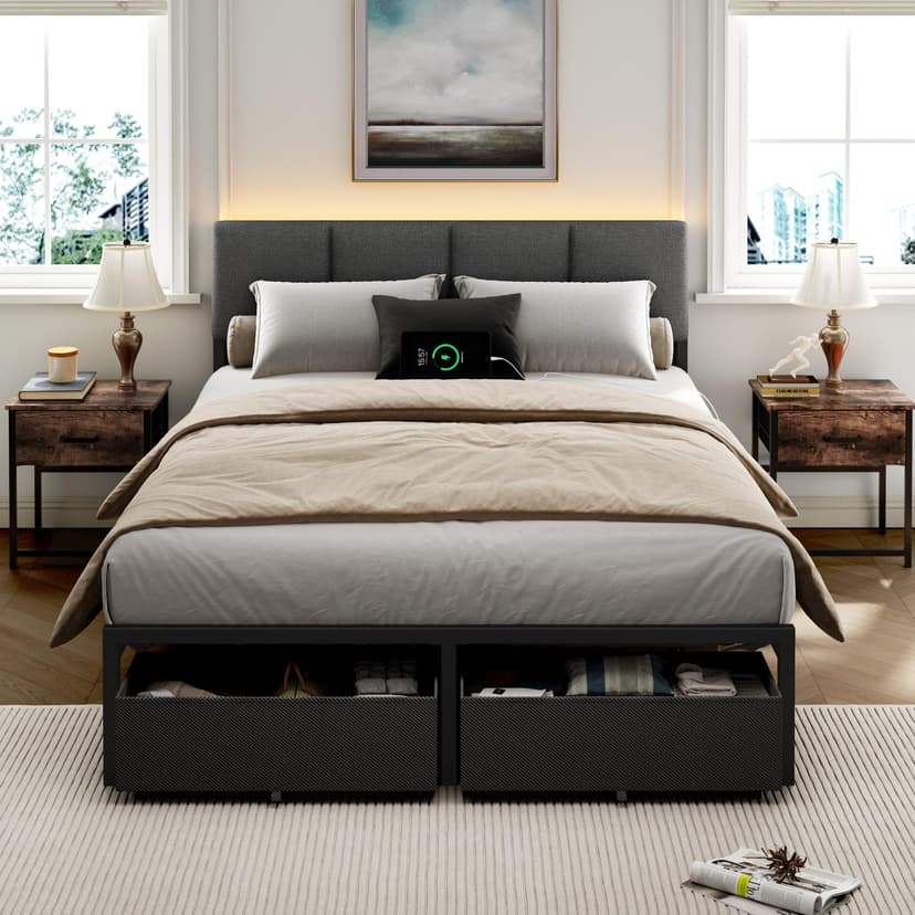 Furnulem Full Size Bed Frame with Headboard, Upholstered Full Bed Frame with LED Light, USB Charging Station, Platform Bedframe with 2 Fabric Underbed Storage Drawers, No Spring Box Needed