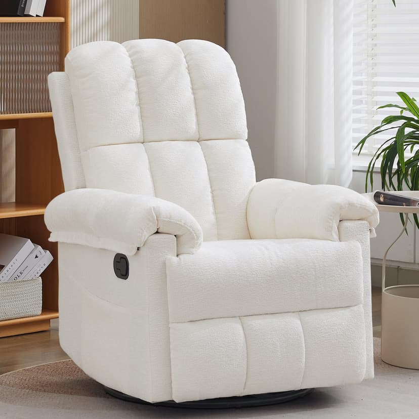 Korser Recliner Chair, Swivel Rocker Recliner Chair for Adults, Small Recliners for Small Spaces, Upholstered Manual Recliner with Side Pockets, Nursery Rocking Chair for Living Room, Chenille, Beige