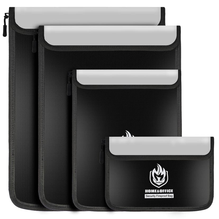 4 Pack Fireproof Document Bags, Waterproof Document Pouch Holder with Zipper, Fire Proof Money Bag for Cash, Fireproof Envelope Fire Safe Bag, Fire Resistant Storage for Legal/A4 Size (Black)