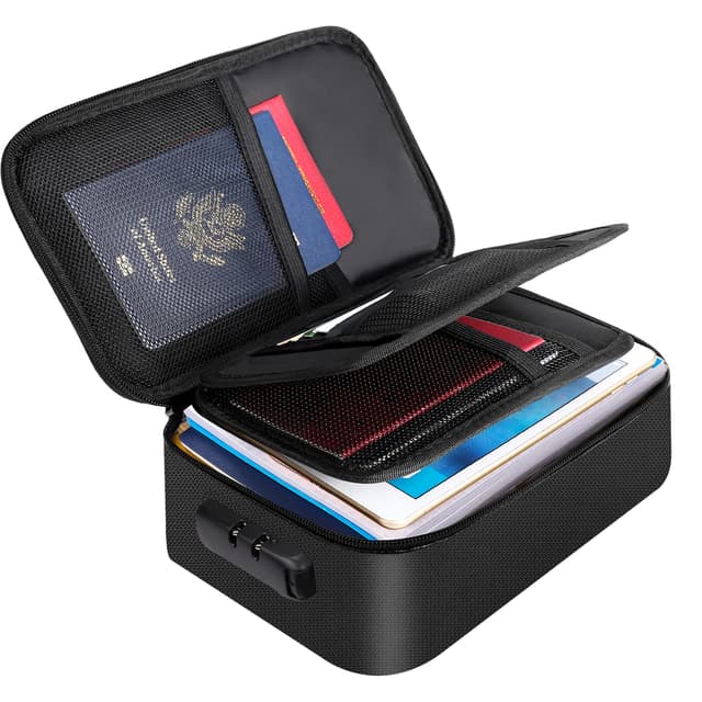 ENGPOW Small Fireproof Storage Organizer Case with Lock(9”x 5.3”x 3.7”), 3-Layer Soft Money Safe Coin Organizer Wallet Bag for Cash,Card,Passport,Check,Bill,Travel Home Organizer Carrying Case,Black