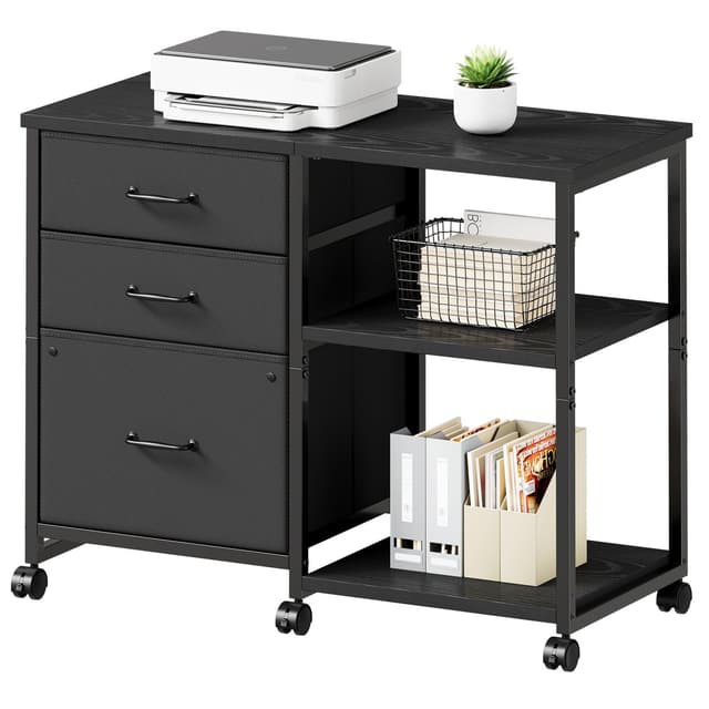 Maihail 3 Drawer File Cabinet with Wheels Rolling Printer Stand with Open Storage Shelf Fabric Lateral Filing Cabinet for Home Office,Black