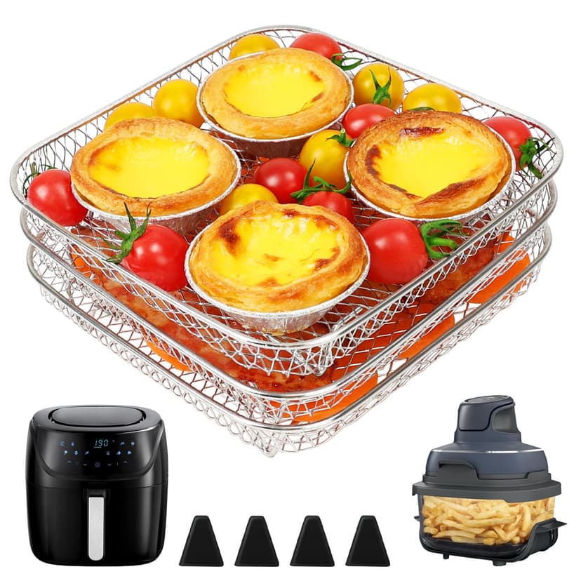 BYKITCHEN 7 Inch Air Fryer Rack Fit for Ninja Crispi/Ninja Pro 5QT/ Cosori 5QT/ Chefman 5-6QT Airfryer &More, Air Fryer Accessories, 3pcs Stackable Stainless Steel Airfryer Basket with Silicon Feet