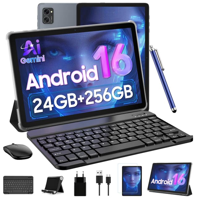 Tablet 2026 Latest Android 16 Tablets with 10.1 Inch Incell Display, 24GB RAM 256GB ROM /2TB TF, Gemini AI, T606 Octa-Core+8MP Camera, 5000mAh, Widevine L1, 2 in 1 Tablets with Keyboard Mouse Stylus