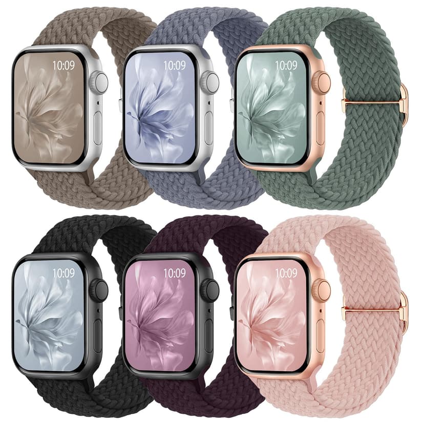 6 Pack Braided Stretchy Bands Compatible with Apple Watch Band 38mm 40mm 41mm 42mm 44mm 45mm 46mm 49mm Women Men, Adjustable Nylon Solo Loop Elastic Straps for iWatch Series 11 10 9 8 7 6 5 4 SE Ultra