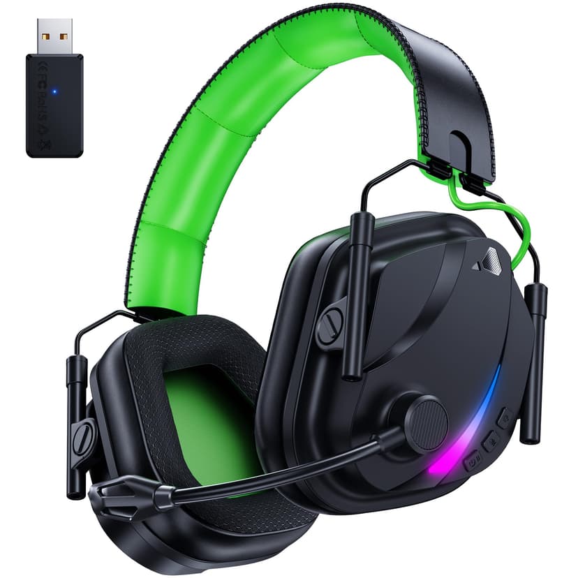 Vakedy HW12 Wireless Gaming Headset for PS5, PS4, PC, Switch, Mac, 2.4GHz Bluetooth Gaming Headphones with Noise Canceling Mic, Soft & Lightweight, 50H Battery for Call of Duty/FPS Gamers(Black/Green)